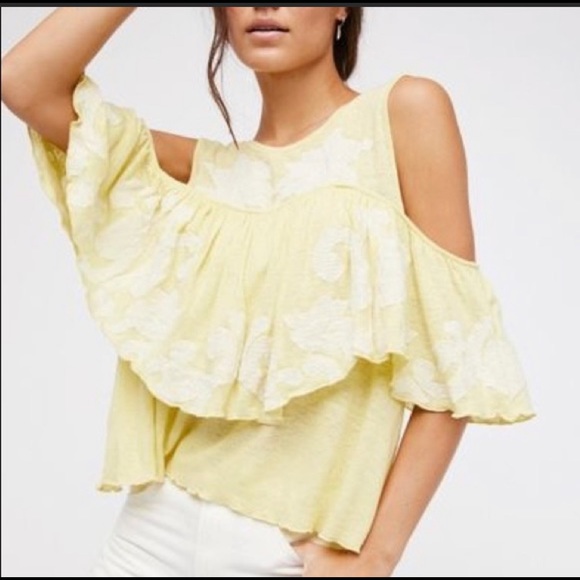 Free People 'Georgina' Embroidered Cold Shoulder Yellow Top L - Picture 1 of 10